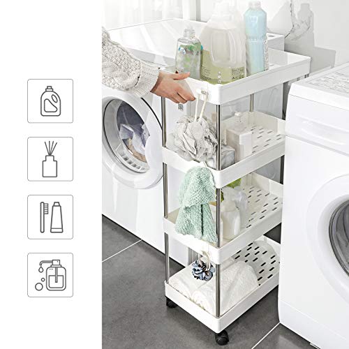 SONGMICS Carro de 4 Estantes Estrecho, Estantería con Ruedas, Carro para el Baño, para la Cocina, 40 x 22 x 86 cm, Blanco KSC10WT