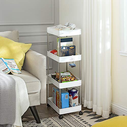 SONGMICS Carro de 4 Estantes Estrecho, Estantería con Ruedas, Carro para el Baño, para la Cocina, 40 x 22 x 86 cm, Blanco KSC10WT SONGMICS Carro de 4 Estantes Estrecho, Estantería con Ruedas, Carro para el Baño, para la Cocina, 40 x 22 x 86 cm, Blanco KSC10WT