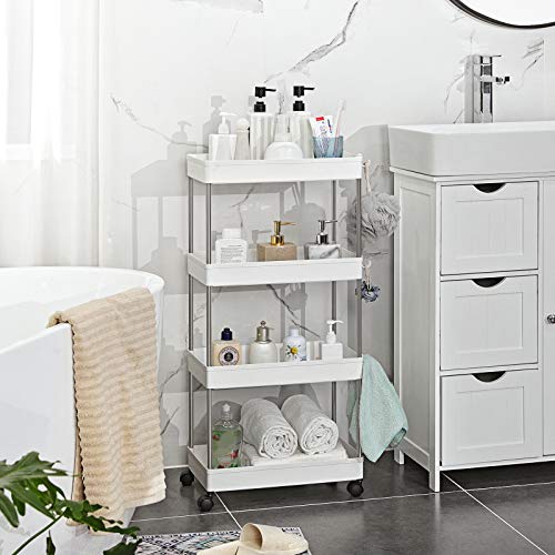 SONGMICS Carro de 4 Estantes Estrecho, Estantería con Ruedas, Carro para el Baño, para la Cocina, 40 x 22 x 86 cm, Blanco KSC10WT SONGMICS Carro de 4 Estantes Estrecho, Estantería con Ruedas, Carro para el Baño, para la Cocina, 40 x 22 x 86 cm, Blanco KSC10WT