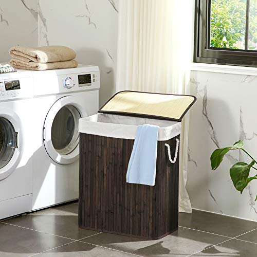 SONGMICS Cesta de la Ropa de 100 L, Cesta de Lavandería de Bambú, con Asas, Tapa con Clips, Plegable, Bolsa de Ropa Extraíble, Marrón LCB71BR SONGMICS Cesta de la Ropa de 100 L, Cesta de Lavandería de Bambú, con Asas, Tapa con Clips, Plegable, Bolsa de Ropa Extraíble, Marrón LCB71BR