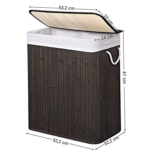 SONGMICS Cesta de la Ropa de 100 L, Cesta de Lavandería de Bambú, con Asas, Tapa con Clips, Plegable, Bolsa de Ropa Extraíble, Marrón LCB71BR SONGMICS Cesta de la Ropa de 100 L, Cesta de Lavandería de Bambú, con Asas, Tapa con Clips, Plegable, Bolsa de Ropa Extraíble, Marrón LCB71BR