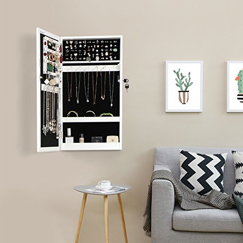 SONGMICS Espejo Joyero Colgante, Armario para Bisuterías Montado en Pared, con Imán y Llaves, Blanco JBC51W SONGMICS Espejo Joyero Colgante, Armario para Bisuterías Montado en Pared, con Imán y Llaves, Blanco JBC51W
