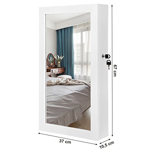 SONGMICS Espejo Joyero Colgante, Armario para Bisuterías Montado en Pared, con Imán y Llaves, Blanco JBC51W SONGMICS Espejo Joyero Colgante, Armario para Bisuterías Montado en Pared, con Imán y Llaves, Blanco JBC51W