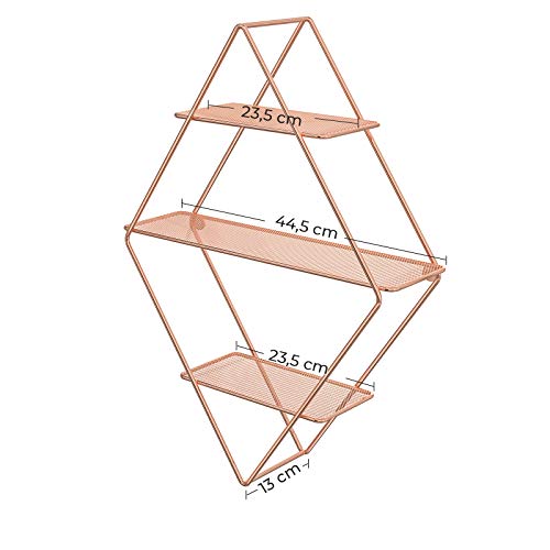 SONGMICS Estante de Pared de Metal, Estante Flotante Rómbico con 3 Estantes de Malla, 44,5 x 13 x 60 cm, 2 Tornillos Incluidos, Estante Decorativo para Oficina, Salón, Acero, Oro Rosa LFS003A01