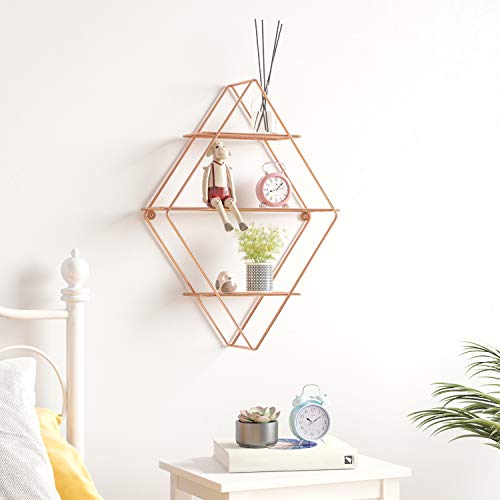 SONGMICS Estante de Pared de Metal, Estante Flotante Rómbico con 3 Estantes de Malla, 44,5 x 13 x 60 cm, 2 Tornillos Incluidos, Estante Decorativo para Oficina, Salón, Acero, Oro Rosa LFS003A01