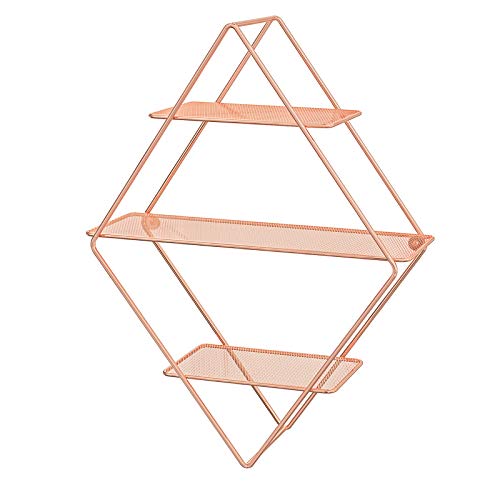 SONGMICS Estante de Pared de Metal, Estante Flotante Rómbico con 3 Estantes de Malla, 44,5 x 13 x 60 cm, 2 Tornillos Incluidos, Estante Decorativo para Oficina, Salón, Acero, Oro Rosa LFS003A01