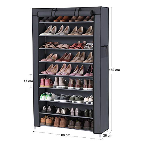 SONGMICS Estante para Zapatos de 10 niveles con Tapa Antipolvo, Armario para Guardar Zapatos, Organizador para Zapatos con Capacidad para 40 Pares de Zapatos, 88 x 28 x 160 cm, Gris RXJ36G