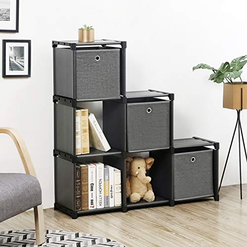 SONGMICS Estantería de Cubos, Librería de 6 Compartimentos, Estantería en Forma de Escalera con 3 Cajas, Montaje en Bricolaje, Marco Metálico, Martillo Suministrado, 105 x 30 x 105 cm, Negro LSN23BK