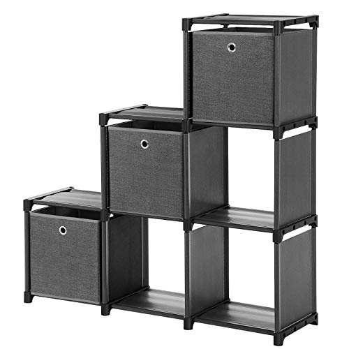 SONGMICS Estantería de Cubos, Librería de 6 Compartimentos, Estantería en Forma de Escalera con 3 Cajas, Montaje en Bricolaje, Marco Metálico, Martillo Suministrado, 105 x 30 x 105 cm, Negro LSN23BK