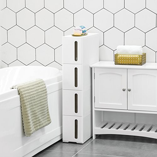 SONGMICS Estantería para Nichos, Carrito Estrecho con Ruedas Extraíbles y Cajones, Estantería de Baño, Estantería de Cocina, PP, Ahorro de Espacio, 45 x 17 x 84 cm Blanco KFR08WT