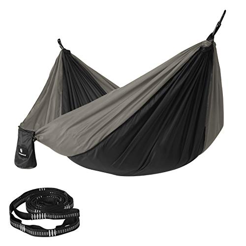 SONGMICS GDC14BG - Hamaca de Camping (capacidad de carga, con correas Multi-Lazos y mosquetones, ligera, secado rápido, transpirable) Negro y Gris