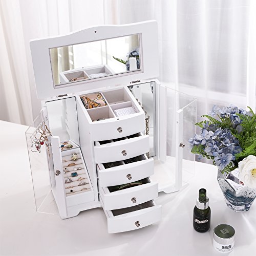 SONGMICS JBC57W - Joyero Grande de Madera con Puerta de acrílico Transparente, 4 cajones, Color Blanco, Estilo rústico SONGMICS JBC57W - Joyero Grande de Madera con Puerta de acrílico Transparente, 4 cajones, Color Blanco, Estilo rústico