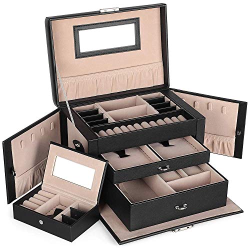 SONGMICS Joyero, Organizador de Joyas con 2 Cajones, Estuche con Cerradura y Espejo, Estuche de Viaje Portátil, para Anillos, Pulseras, Collares, Forro de Terciopelo, Regalo, Negro JBC121B SONGMICS Joyero, Organizador de Joyas con 2 Cajones, Estuche con Cerradura y Espejo, Estuche de Viaje Portátil, para Anillos, Pulseras, Collares, Forro de Terciopelo, Regalo, Negro JBC121B
