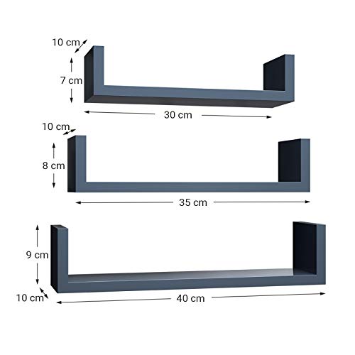 SONGMICS Juego de 3 Estantes Murales Modernos, Estantes Flotantes de Pared, Estantes de Almacenamiento de MDF, Laca Brillante, Montaje Oculto, Gris LWS040G02