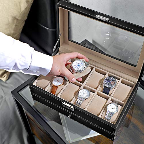 Songmics JWB012 - Caja para 12 de relojes y cajón joyería, soporte de exhibición con vitrina, color negro y crema Songmics JWB012 - Caja para 12 de relojes y cajón joyería, soporte de exhibición con vitrina, color negro y crema