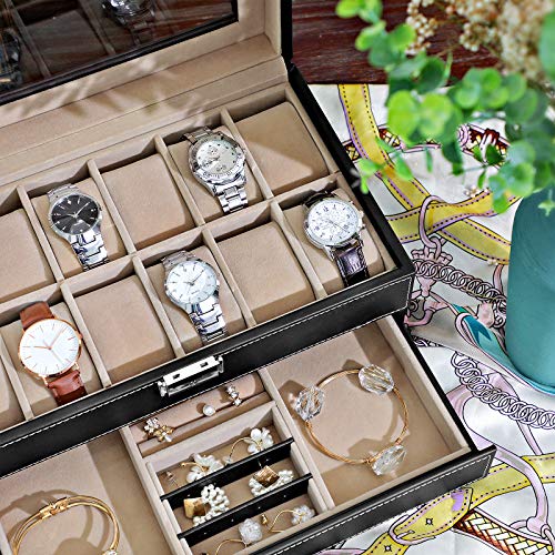 Songmics JWB012 - Caja para 12 de relojes y cajón joyería, soporte de exhibición con vitrina, color negro y crema Songmics JWB012 - Caja para 12 de relojes y cajón joyería, soporte de exhibición con vitrina, color negro y crema