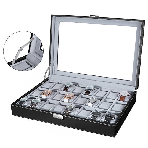 SONGMICS JWB024 - Caja para 24 de Relojes con Tapa de Vidrio, Color Negro y Gris