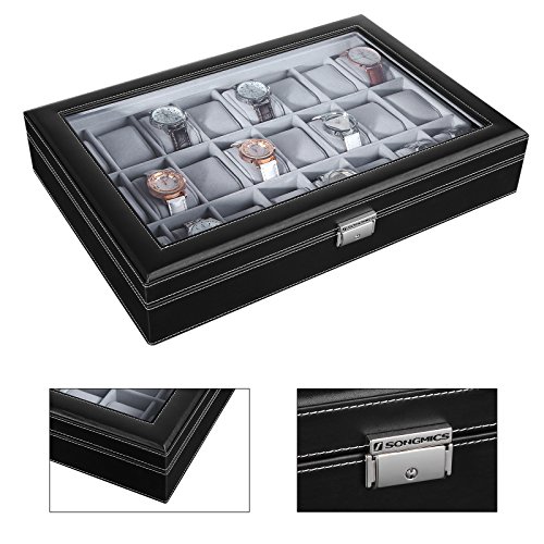 SONGMICS JWB024 - Caja para 24 de Relojes con Tapa de Vidrio, Color Negro y Gris