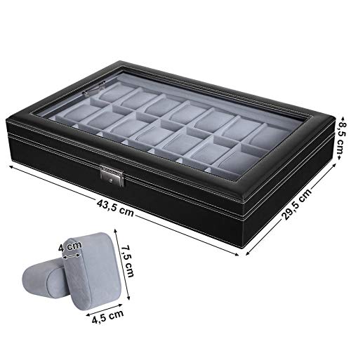 SONGMICS JWB024 - Caja para 24 de Relojes con Tapa de Vidrio, Color Negro y Gris