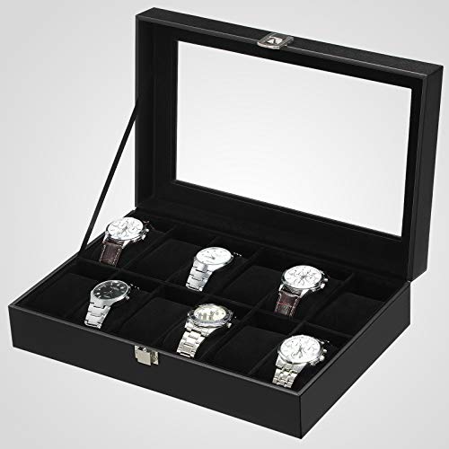 SONGMICS JWB12B-Caja (12 Compartimentos, Tapa de Cristal, Estuche para Relojes extraíble, Piel sintética), Color Negro, 32,5 x 19 x 8,5 cm