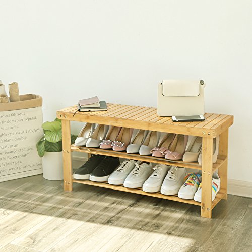 SONGMICS LBS90N-Zapatero Banco, 3 baldas, 90 x 28 x 45 cm, bambú, Naturaleza, 90 x 45 x 28 cm