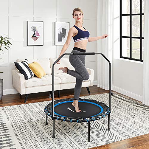 SONGMICS Mini trampolín Fitness de 102 cm, Cama elástica con Barra Ajustable, Trampolín de Ejercicio para el Entrenamiento en casa, Máx. Carga 120 kg, Azul y Negro STR040Q01