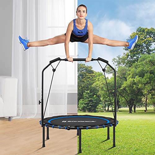 SONGMICS Mini trampolín Fitness de 102 cm, Cama elástica con Barra Ajustable, Trampolín de Ejercicio para el Entrenamiento en casa, Máx. Carga 120 kg, Azul y Negro STR040Q01