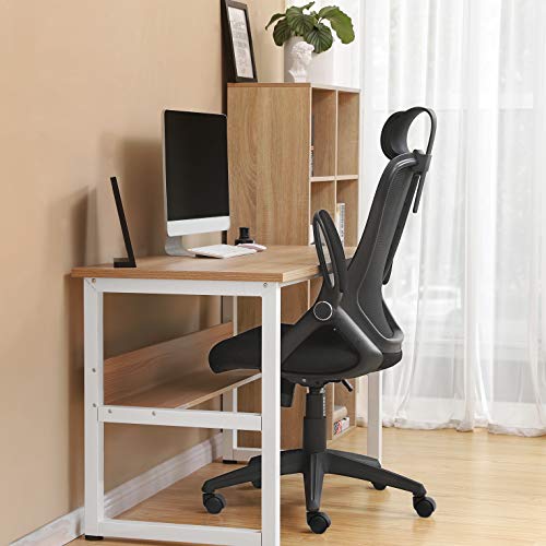 SONGMICS OBN51BK - Silla de Oficina giratoria, Silla de Escritorio ergonómica, Apoyabrazos Plegables, Reposacabezas Ajustable, Mecanismo de inclinación, Tejido de Malla Transpirable, Negro