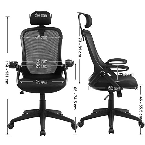 SONGMICS OBN51BK - Silla de Oficina giratoria, Silla de Escritorio ergonómica, Apoyabrazos Plegables, Reposacabezas Ajustable, Mecanismo de inclinación, Tejido de Malla Transpirable, Negro SONGMICS OBN51BK - Silla de Oficina giratoria, Silla de Escritorio ergonómica, Apoyabrazos Plegables, Reposacabezas Ajustable, Mecanismo de inclinación, Tejido de Malla Transpirable, Negro