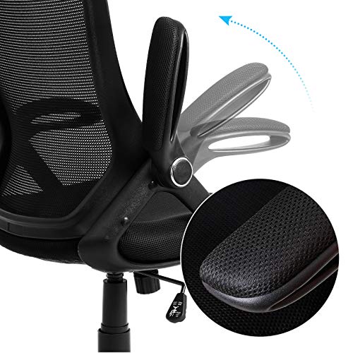 SONGMICS OBN51BK - Silla de Oficina giratoria, Silla de Escritorio ergonómica, Apoyabrazos Plegables, Reposacabezas Ajustable, Mecanismo de inclinación, Tejido de Malla Transpirable, Negro