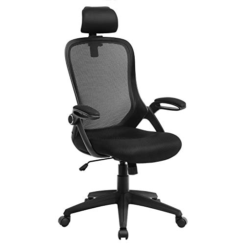 SONGMICS OBN51BK - Silla de Oficina giratoria, Silla de Escritorio ergonómica, Apoyabrazos Plegables, Reposacabezas Ajustable, Mecanismo de inclinación, Tejido de Malla Transpirable, Negro