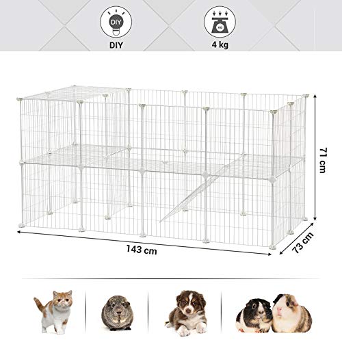 SONGMICS Parque para Mascotas, 2 Niveles, Jaula Modular, para Animales Pequeños, Hámsters, Conejos, Cobayas, Paneles de Malla Metálica, Uso Interior, 143 x 73 x 71 cm, Blanco LPI02W