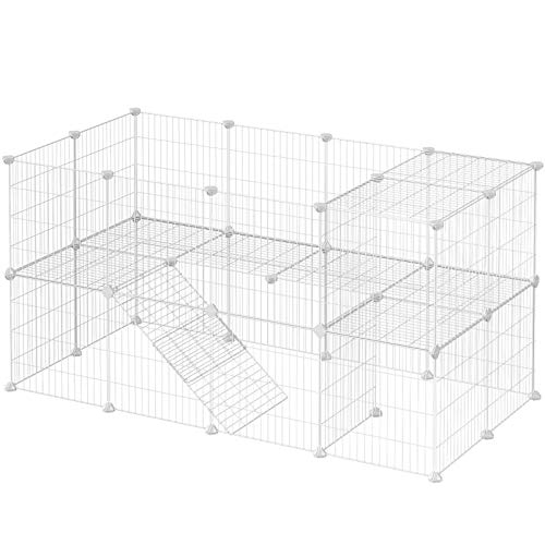 SONGMICS Parque para Mascotas, 2 Niveles, Jaula Modular, para Animales Pequeños, Hámsters, Conejos, Cobayas, Paneles de Malla Metálica, Uso Interior, 143 x 73 x 71 cm, Blanco LPI02W