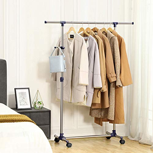 SONGMICS Perchero Extensible con Ruedas, de metal, 150 x 44 x 165 cm, azul LLR01L SONGMICS Perchero Extensible con Ruedas, de metal, 150 x 44 x 165 cm, azul LLR01L