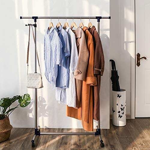 SONGMICS Perchero Extensible con Ruedas, de metal, 150 x 44 x 165 cm, azul LLR01L SONGMICS Perchero Extensible con Ruedas, de metal, 150 x 44 x 165 cm, azul LLR01L