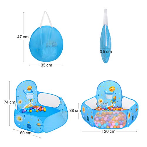 SONGMICS Piscina de Bolas, Tienda de Juego Infantil, Carpa Interior y Exterior con Aro de Baloncesto, Regalo de Juguete para Niños (no Incluye Pelotas), Tema Espacial, Azul LPT66BU