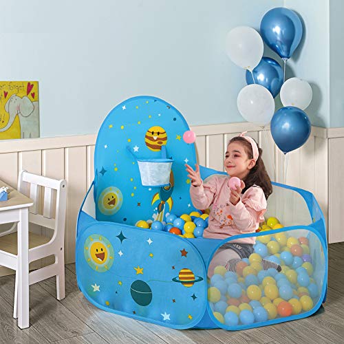 SONGMICS Piscina de Bolas, Tienda de Juego Infantil, Carpa Interior y Exterior con Aro de Baloncesto, Regalo de Juguete para Niños (no Incluye Pelotas), Tema Espacial, Azul LPT66BU