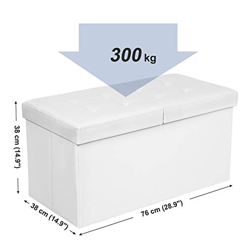 SONGMICS Puff Baúl Plegable Taburete de almacenamiento 80 L Tapa plegable Carga máxima de 300 kg Blanco 76 x 38 x 38 cm LSF45WT