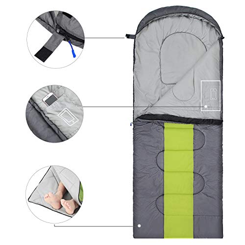 SONGMICS Saco de Dormir, Bolsa de Dormir Ancha, 4 Estaciones, Fácil de Llevar, Ligera, Compacta, para Excursión de Camping, 220 x 84 cm, Temperatura Ideal 5-15°C, Gris Oscuro y Verde GSB02AJ