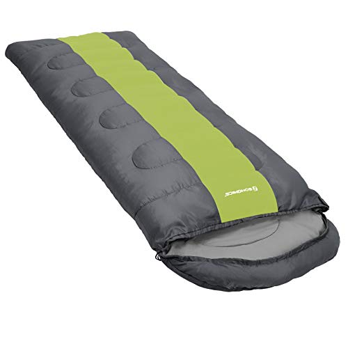 SONGMICS Saco de Dormir, Bolsa de Dormir Ancha, 4 Estaciones, Fácil de Llevar, Ligera, Compacta, para Excursión de Camping, 220 x 84 cm, Temperatura Ideal 5-15°C, Gris Oscuro y Verde GSB02AJ