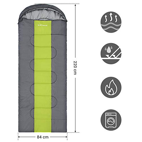 SONGMICS Saco de Dormir, Bolsa de Dormir Ancha, 4 Estaciones, Fácil de Llevar, Ligera, Compacta, para Excursión de Camping, 220 x 84 cm, Temperatura Ideal 5-15°C, Gris Oscuro y Verde GSB02AJ