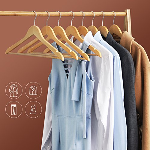 SONGMICS Set de 20 Perchas de Madera de arce Multifuncionales con Barra para Pantalones, Gancho Giratorio a 360°, Gancho Cromado Muescas, Color Natural CRW001-20 SONGMICS Set de 20 Perchas de Madera de arce Multifuncionales con Barra para Pantalones, Gancho Giratorio a 360°, Gancho Cromado Muescas, Color Natural CRW001-20