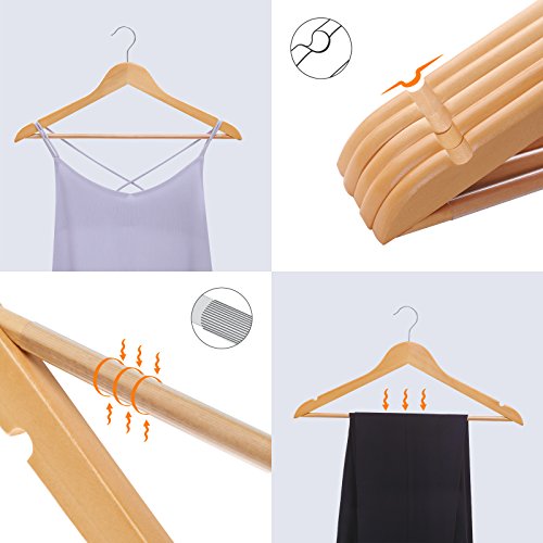 SONGMICS Set de 20 Perchas de Madera de arce Multifuncionales con Barra para Pantalones, Gancho Giratorio a 360°, Gancho Cromado Muescas, Color Natural CRW001-20 SONGMICS Set de 20 Perchas de Madera de arce Multifuncionales con Barra para Pantalones, Gancho Giratorio a 360°, Gancho Cromado Muescas, Color Natural CRW001-20