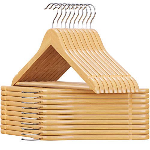 SONGMICS Set de 20 Perchas de Madera de arce Multifuncionales con Barra para Pantalones, Gancho Giratorio a 360°, Gancho Cromado Muescas, Color Natural CRW001-20