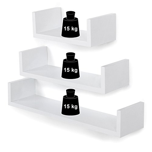 SONGMICS Set de 3 Estantes de Pared, Estantes Flotantes, 30/45/60 cm, Acabado Brillante, Decorativos, Creativos, para Habitación, Salón, Cocina, Pasillo, Capacidad de Carga de 15 kg, Blanco LWS66W