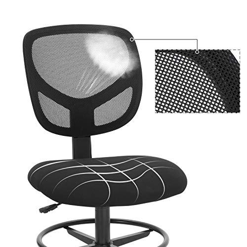 SONGMICS Silla de Malla Giratoria, Altura y Reposapiés Regulables, Silla de Dibujo Ergonómica, Silla de Oficina sin Apoyabrazos, Asiento de Tela, Carga máxima de 120 kg, Negro, OBN15BK