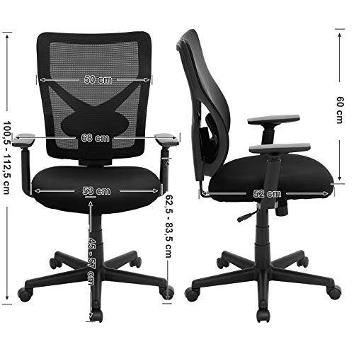 SONGMICS Silla de Oficina de Malla Central, Silla Giratoria Ergonómica con Mecanismo de Inclinación, Apoyo Lumbar y Apoyabrazos Ajustables, Carga Máxima de 120 kg, Negro, OBN36BK