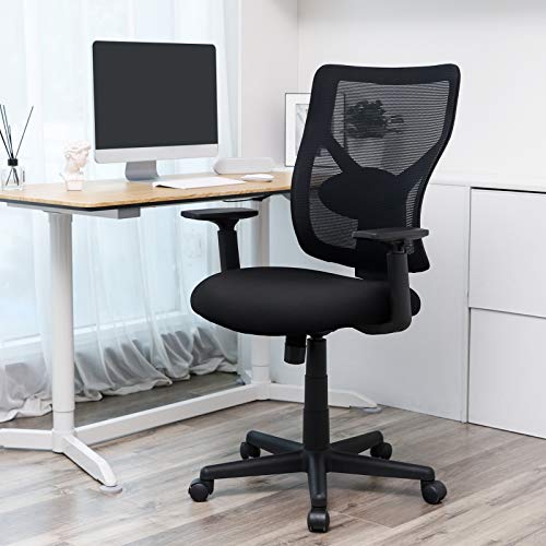 SONGMICS Silla de Oficina de Malla Central, Silla Giratoria Ergonómica con Mecanismo de Inclinación, Apoyo Lumbar y Apoyabrazos Ajustables, Carga Máxima de 120 kg, Negro, OBN36BK