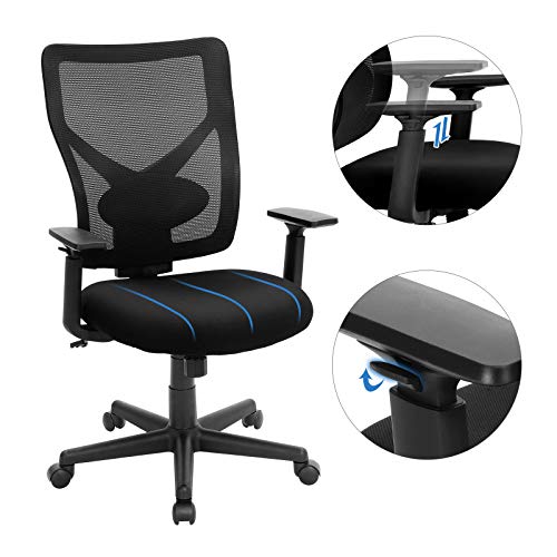 SONGMICS Silla de Oficina de Malla Central, Silla Giratoria Ergonómica con Mecanismo de Inclinación, Apoyo Lumbar y Apoyabrazos Ajustables, Carga Máxima de 120 kg, Negro, OBN36BK