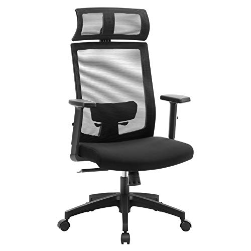 SONGMICS Silla de Oficina de Malla, Silla de Escritorio, Giratorio de 360°, Soporte Lumbar Ajustable, con Apoyacabezas y Apoyabrazos, Ángulo de Inclinación Bloqueable hasta 120°, Negro OBN55BK